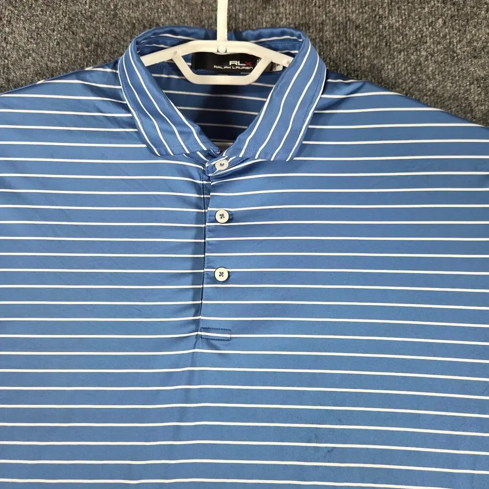 RLX Ralph Lauren Polo Shirt Performance Blue White Striped Mens XL Fit= 2XL Golf